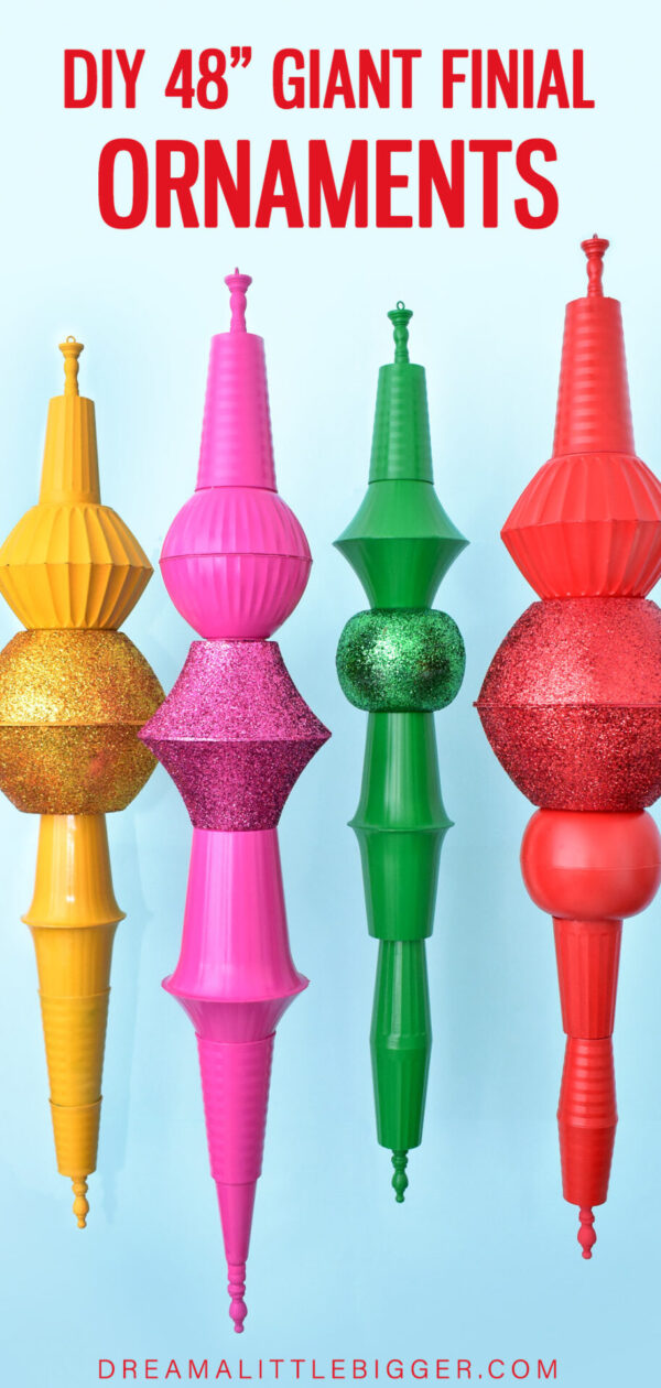 Looking for big Christmas décor impact with a little budget? These amazing 48" Giant Finial Christmas Ornaments are a surprisingly easy & inexpensive DIY!